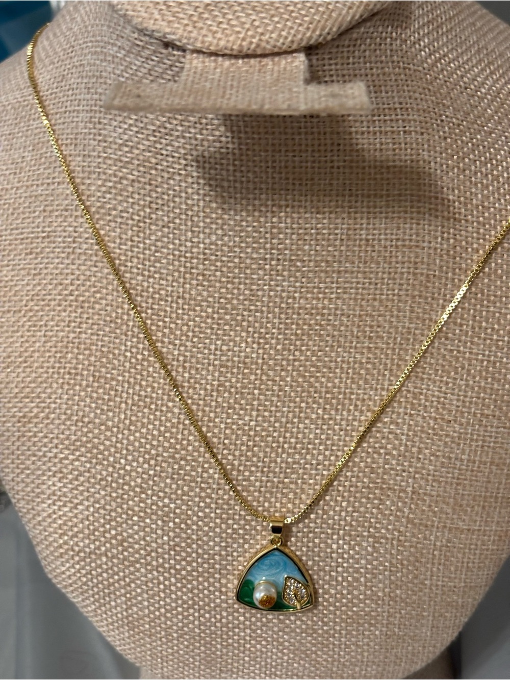 Gold-Tone Blue & Green Enamel Pendant Necklace with Pearl Accent - Picture 3 of 4